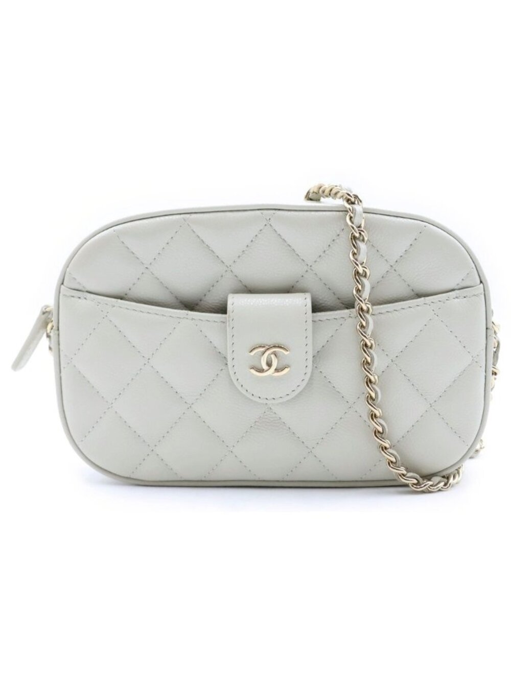 Chanel CC Logo Chain Wallet Camera Bag White Caviar Leather White Gold